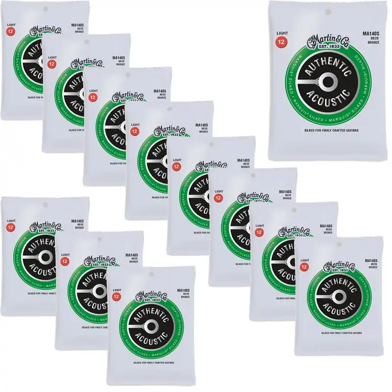 Free Delivery 12-Pack Martin MA140S Authentic Marquis Silked Acoustic Guitar Strings, 80/20 Bronze Light 12-54