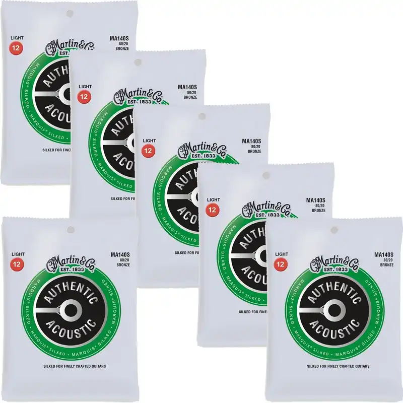 6-Pack Martin MA140S Authentic Marquis Silked Acoustic Guitar Strings, 80/20 Bronze Light 12-54 Luxury