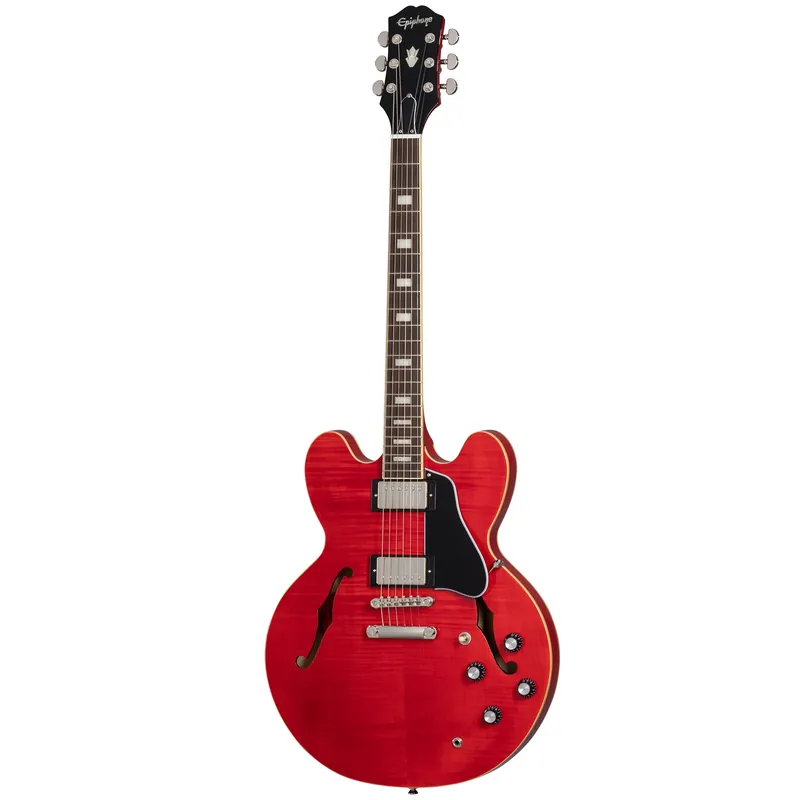Hassle-Free Returns Epiphone Marty Schwartz ES-335 Semi-Hollow Guitar, 3A Flame Maple, Sixties Cherry