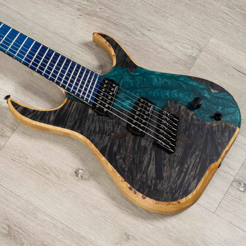 Skervesen Raptor 7 7-String Multi-Scale Guitar, Blue-Stained Maple Fretboard, Poplar Burl Top One Day Deal