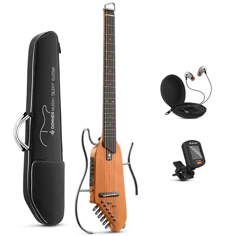 Weekend Sale Donner HUSH-I Silent Acoustic-Electric Headless Guitar, Mahogany Natural