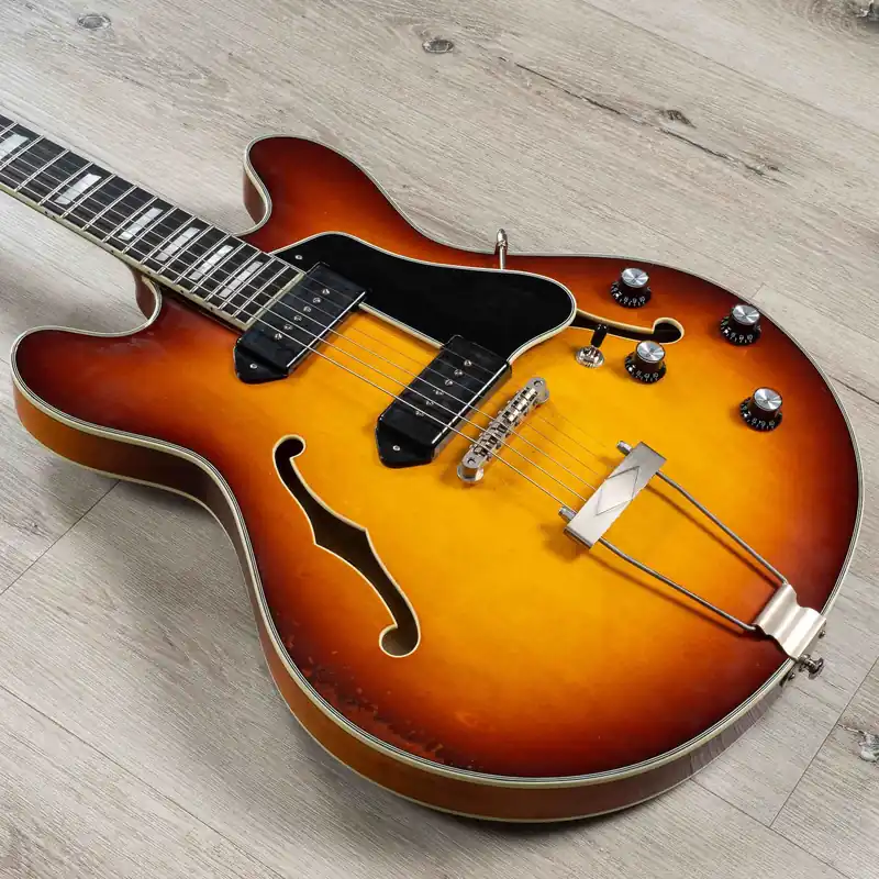 Eastman T64/v-T Hollowbody Guitar, Trapeze, Ebony Fretboard, Antique Gold Burst Free Delivery