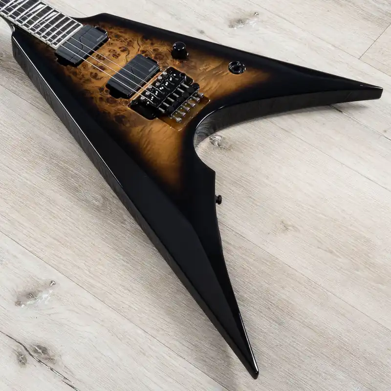 Express Delivery ESP E-II Arrow Guitar, Burl Maple Top, Floyd Rose Tremolo, Nebula Blackburst