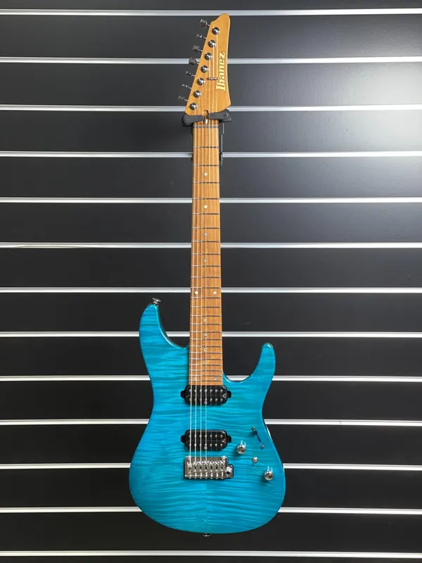 Ibanez MM7 Martin Miller 7-String Guitar, Roasted Maple Fretboard, Transparent Aqua Blue ( Open Box ) Super Sale