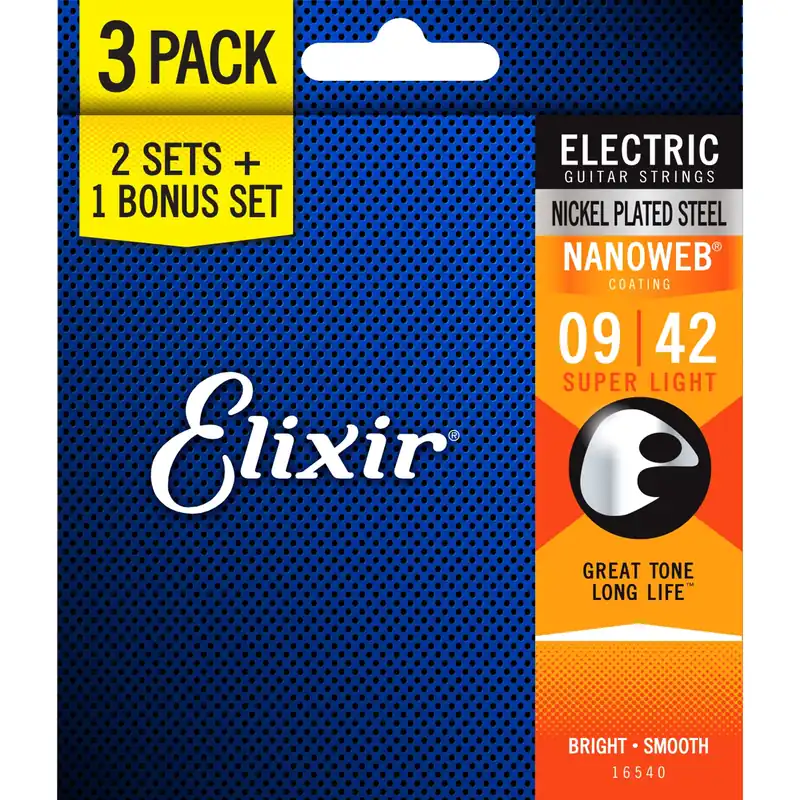 Low Price Elixir 3-Pack Nickel Plated Steel NANOWEB Electric Guitar Strings, Super Light 9-42