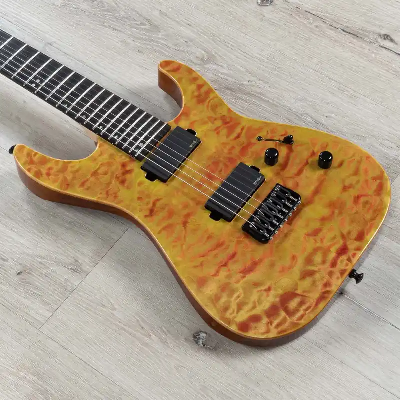 Discount ESP USA M-7 Baritone 7-String Guitar, EMG 81-7XH / 85-7XH, Quilt Crimson Mist