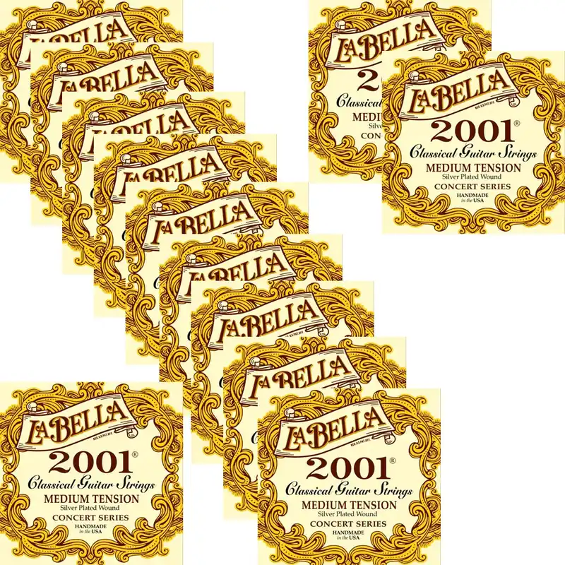 12-Pack of La Bella 2001 Silver-Plated Wound Nylon Classical Guitar Strings, Medium Tension Affordable