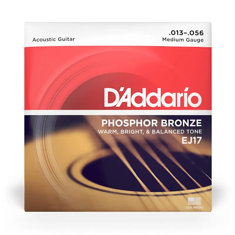 Certified D'Addario EJ17 Phosphor Bronze Medium Acoustic Guitar Strings, 13-56