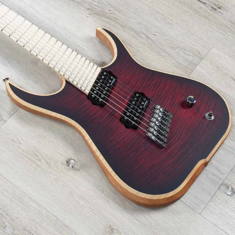 Trusted Brand Skervesen Raptor 7 FF 7-String Multi-Scale Guitar, Flame Maple Neck, Black Burst Red