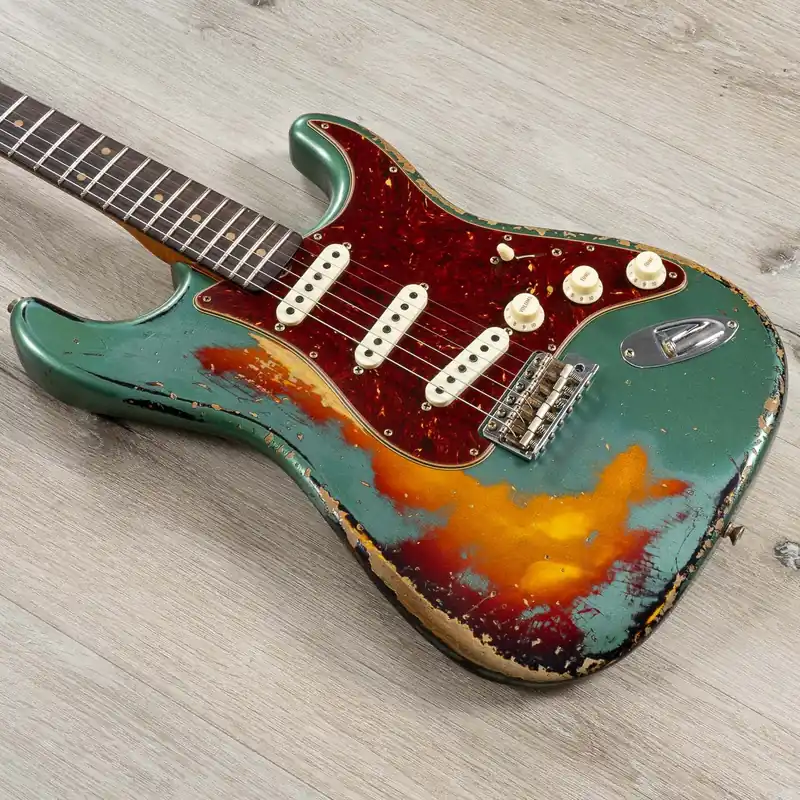 Instant Buy Fender Custom Shop Limited Edition Roasted '61 Strat Super Heavy Relic Guitar, Flat-Lam Rosewood Fretboard, Aged Sherwood Green Metallic over 3-Color Sunburst
