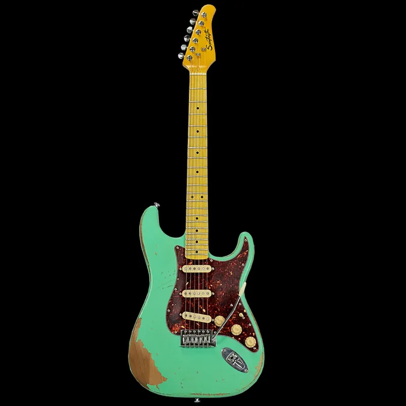 In Demand Sawtooth ST-ESAR-SGRT Relic Series ES Guitar, Aged Maple Fretboard, Surf Green