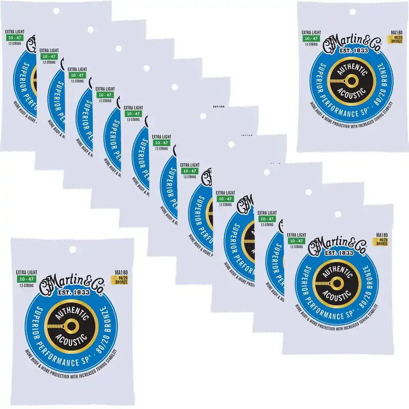 12-Pack of Martin MA180 Authentic Acoustic SP Bronze Guitar Strings, Extra Light 12-String Trusted Brand