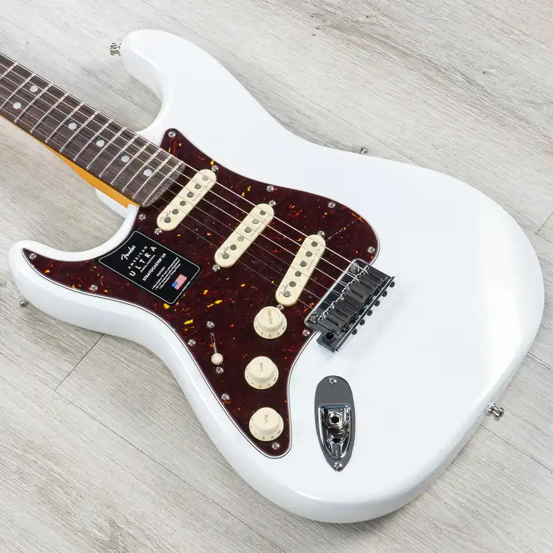 Fender American Ultra Stratocaster Left-Hand Guitar, Rosewood Fretboard, Arctic Pearl While Supplies Last