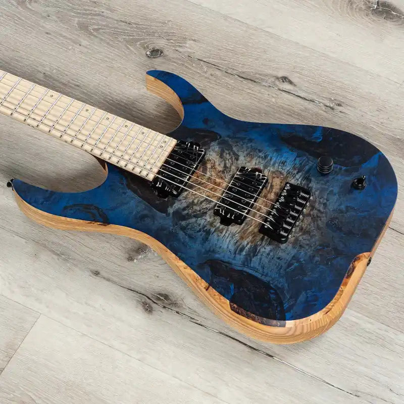 Premium Skervesen Raptor 7 Guitar, Flame Maple Fretboard, Bare Knuckle Pickups, Blue Burst