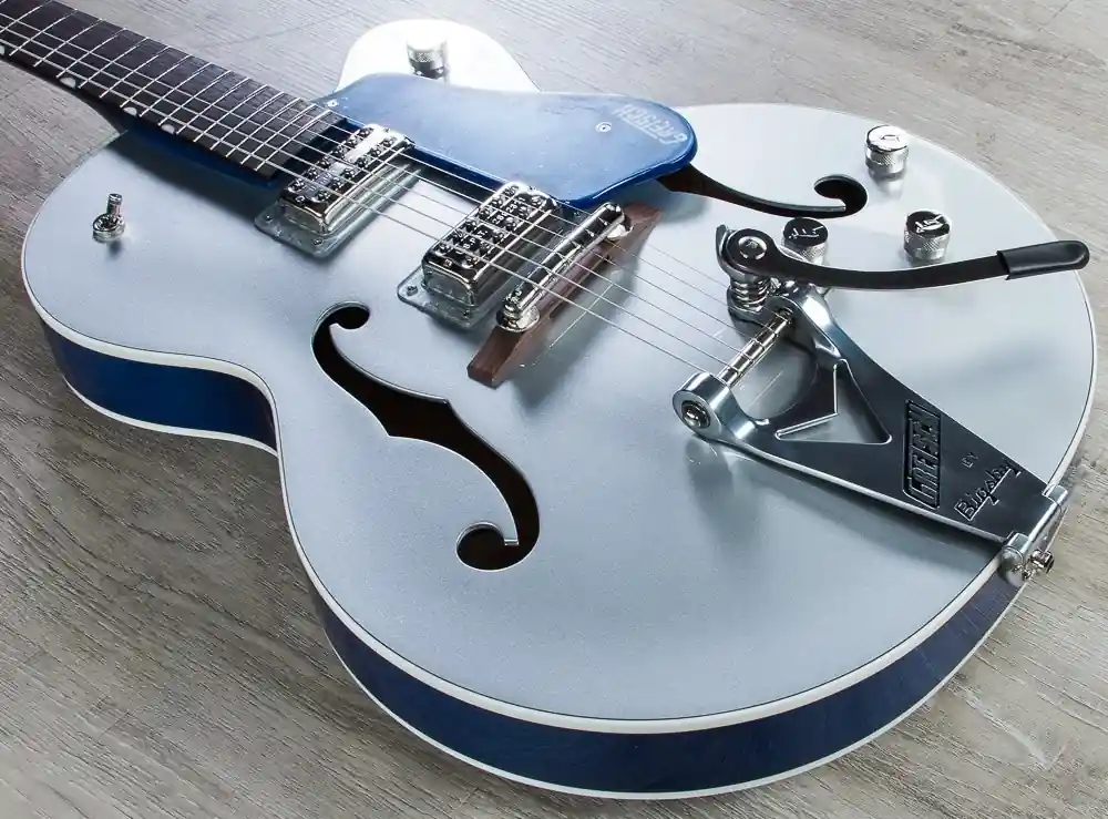 Shop Now Gretsch G6118T Players Edition Anniversary Electric Guitar, FilterTron Pickups, Hard Case - 2-Tone Iridium Silver/Azure Metallic