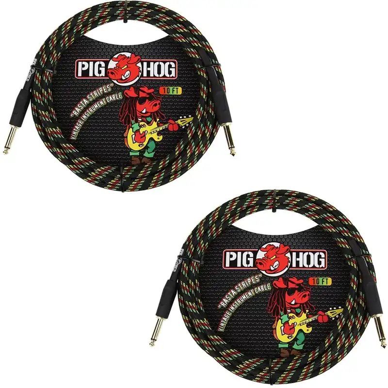 (2-Pack) Pig Hog PCH10RA Vintage Series Instrument Cables, 1/4TS to Same, Rasta Stripes - 10 ft Exclusive