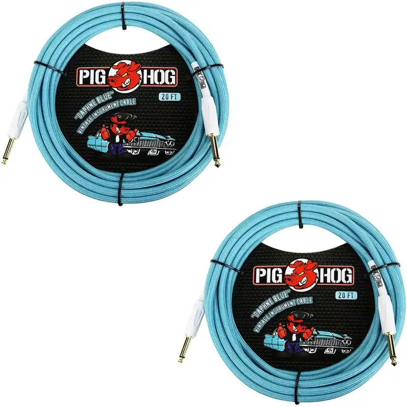 (2-Pack) Pig Hog PCH20DB Vintage Series Instrument Cables, 1/4TS to Same, Daphne Blue - 20 ft Fresh Stock