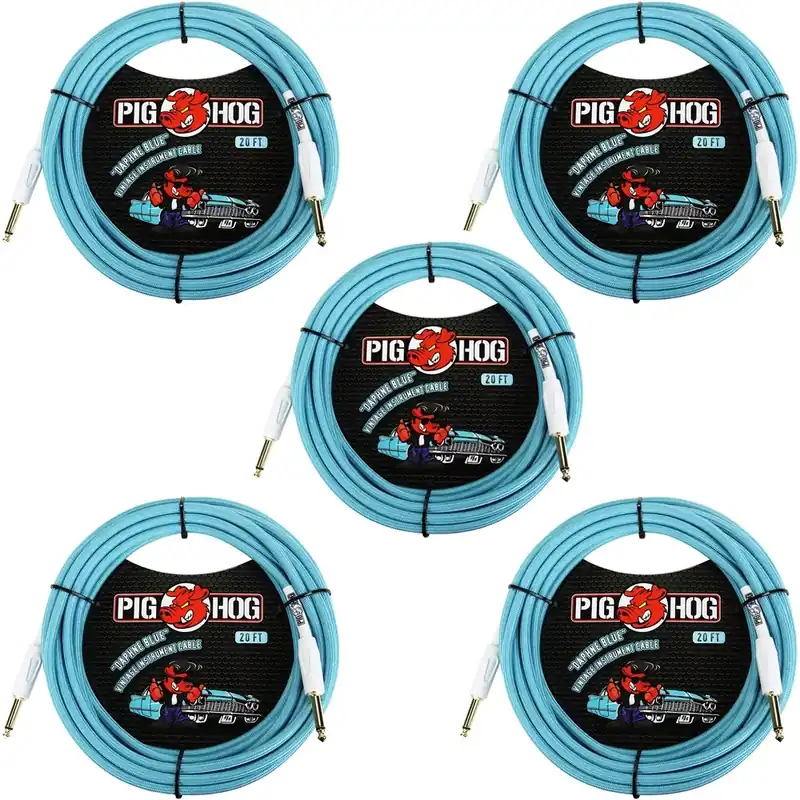 Special Offer (5-Pack) Pig Hog PCH20DB Vintage Series Instrument Cables, 1/4TS to Same, Daphne Blue - 20 ft