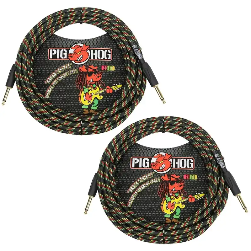 (2-Pack) Pig Hog PCH20RA Vintage Series Instrument Cables, 1/4TS to Same, Rasta Stripes - 20 ft Seasonal Sale