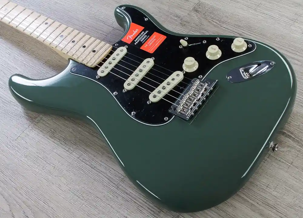 Fender American Pro Stratocaster Electric Guitar, Maple Fingerboard, Hard Case - Antique Olive Next Day Delivery