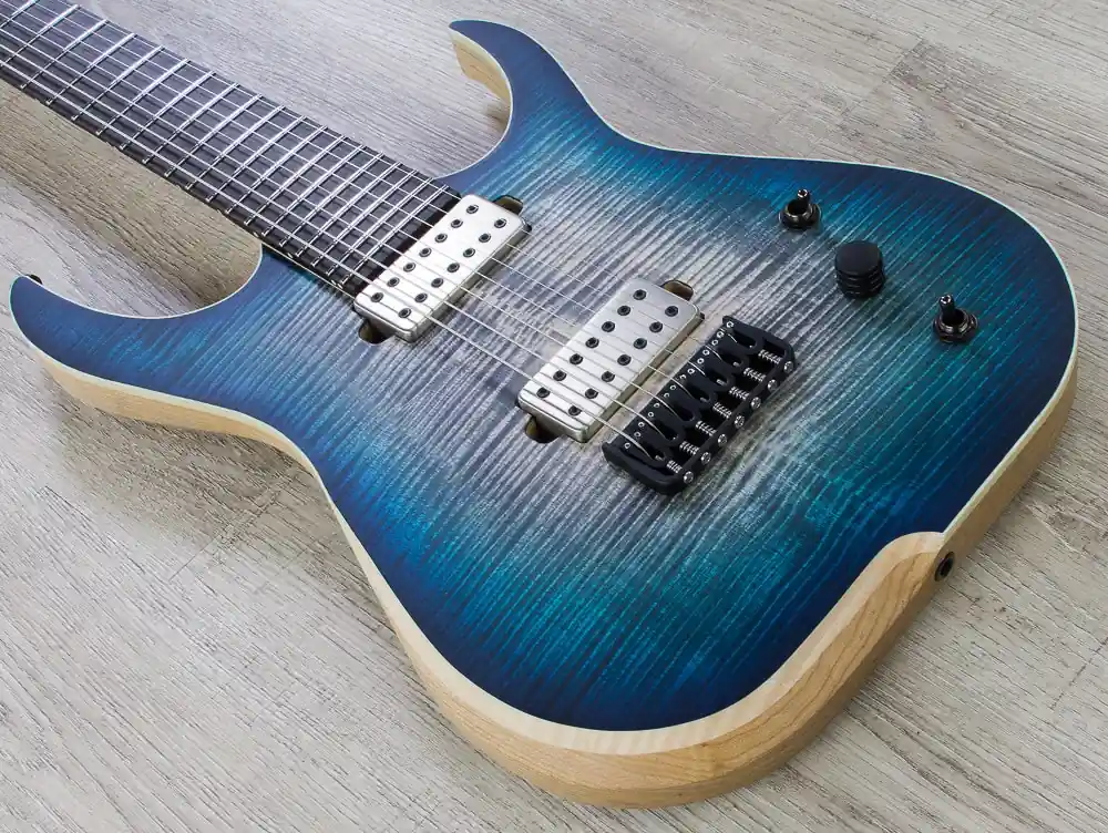 Secure Checkout Skervesen Raptor 7-String Electric Guitar, Black Ebony Fingerboard, Flame Maple Top, Hard Case - Blue Graphite Burst