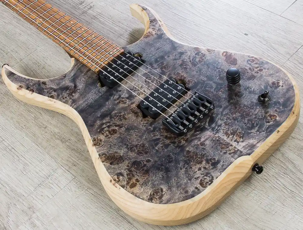 Skervesen Raptor 6 Electric Guitar, Poplar Burl Top, Hiscox Hard Case - Standard Graphite Fast Shipping