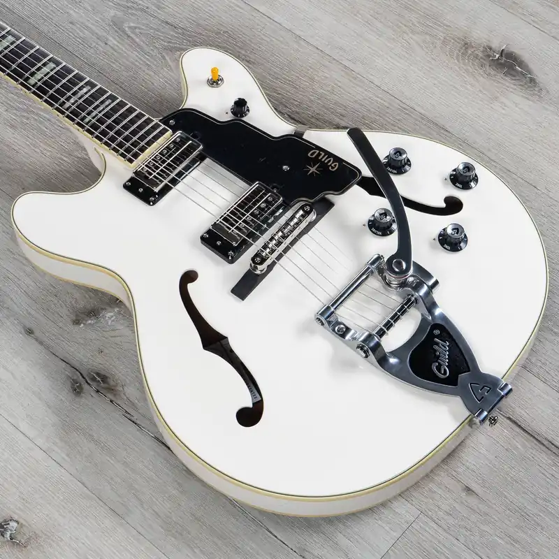 Warranty Included Guild Starfire V Semi-Hollow Electric Guitar, Guild Vibrato Tailpiece, Ebony Fretboard, Hardshell Case - White