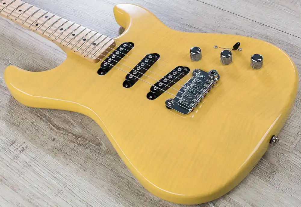 Low Price G&L USA S-500 RMC Electric Guitar, Flame Maple Top, Maple Fingerboard, Hard Case - Butterscotch Blonde