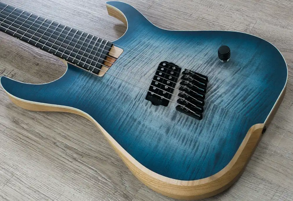 Final Sale Skervesen Raptor 7 Multiscale Electric Guitar, AAAA Flamed Top, Bare Knuckle Nailbomb, Hiscox Hardcase - Indigo Denim Stain Burst