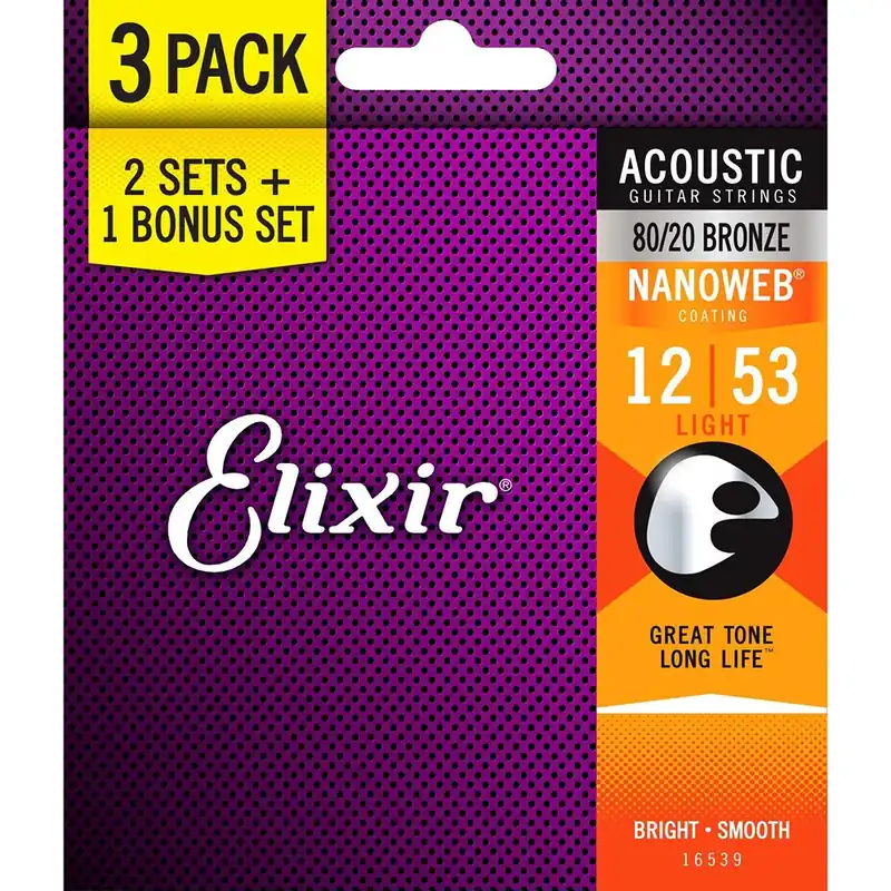 Buy Direct Elixir 3-Pack 80/20 Bronze NANOWEB Acoustic Guitar Strings, Light 12-53