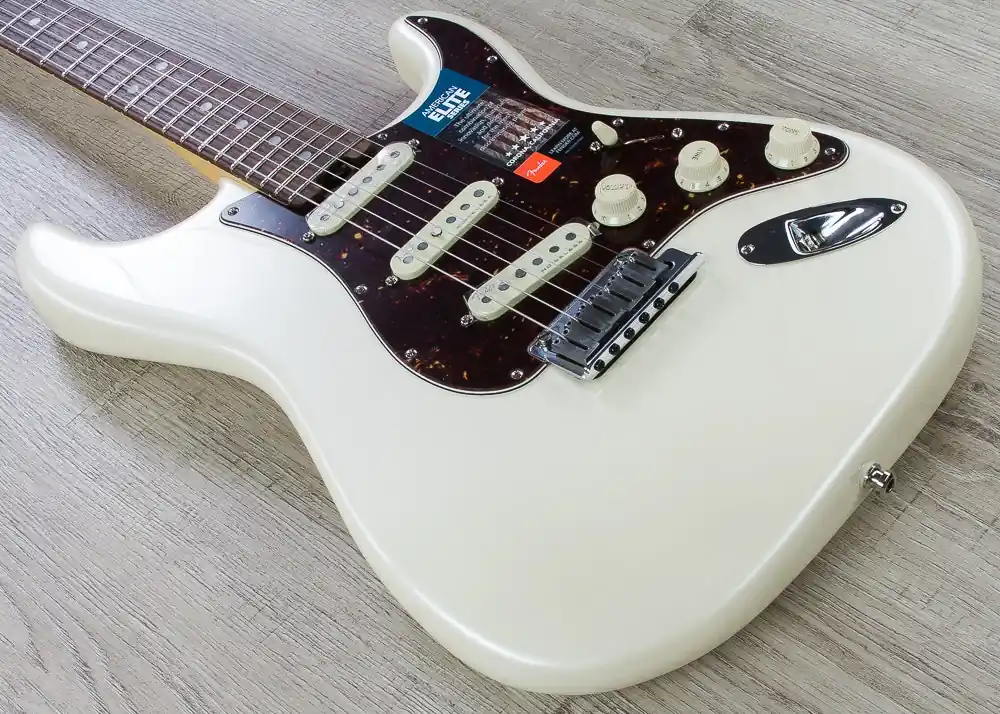 Place Order Fender American Elite Stratocaster Electric Guitar, Rosewood Fingerboard, Hard Case - Olympic White