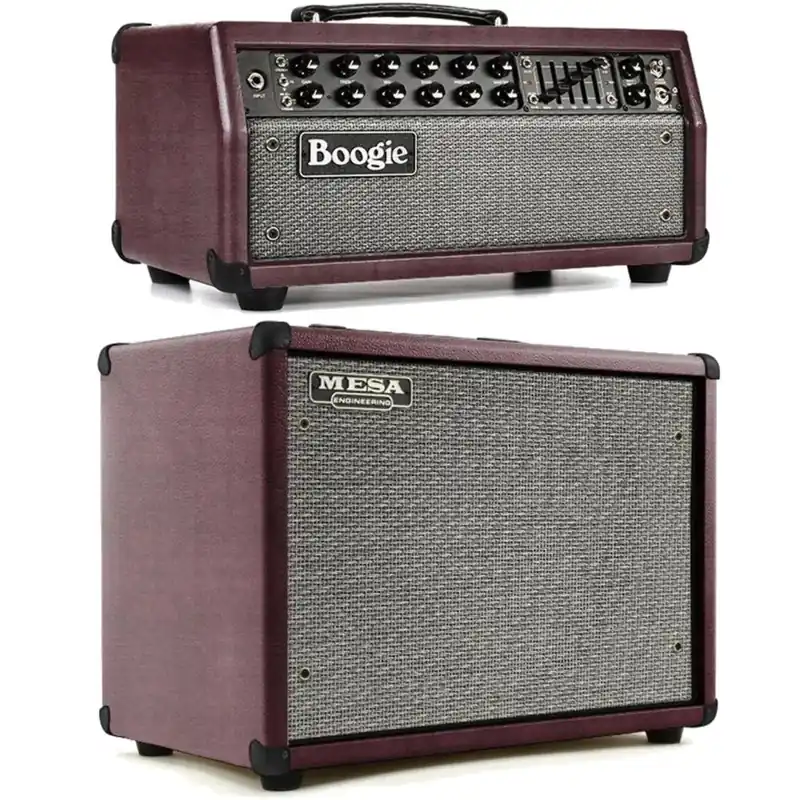 Save Now Mesa/Boogie Mark Five: 35 Guitar Amplifier Head with Matching 1x12Widebody Open Back Extension Cabinet, Custom Wine Taurus Covering with Gray and Black Jute Grille