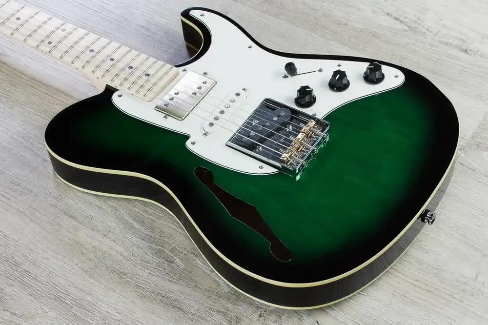 Fret King FKV21SAGB Black Label Country Squire Semitone Special, SSH Pickups, Electric Guitar - Ash Green Hot Picks