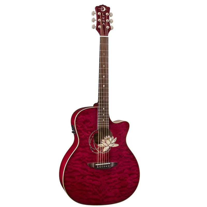 Big Sale Luna FLO LOT QM Flora Series Lotus Quilted Maple Top Trans Shiraz Finish Acoustic-Electric Guitar