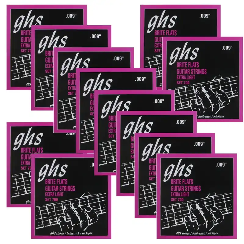 12 Sets of GHS 700 Brite Flats Extra Light Electric Guitar Strings (9-42) Bargain
