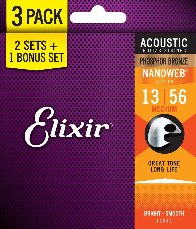 Latest Elixir 3-Pack Phosphor Bronze NANOWEB Acoustic Guitar Strings, Medium 13-56