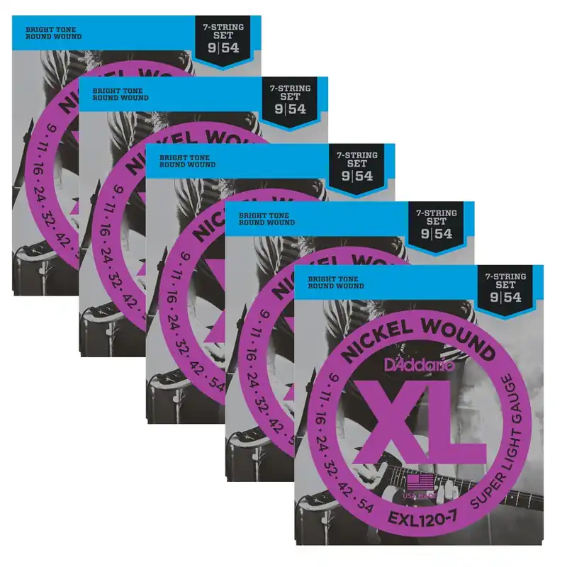 5 Sets of D'Addario EXL120-7 Nickel Wound 7-String Super Light Electric Guitar Strings (9-54) Buy Today