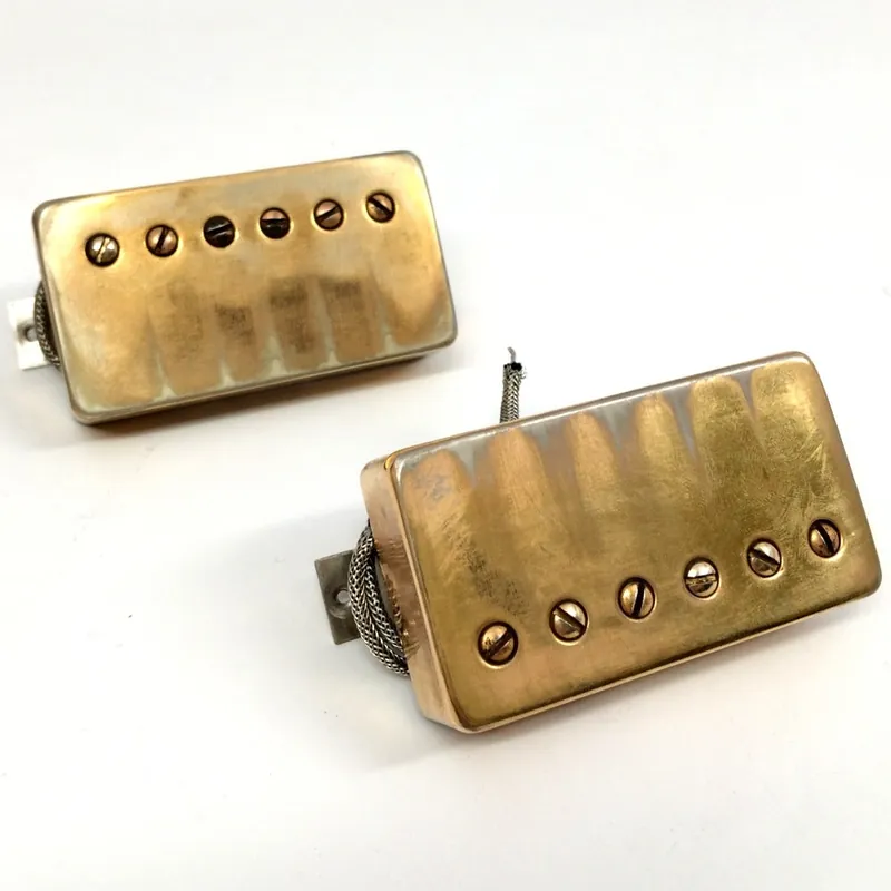 Discount Bare Knuckle Nailbomb 6-String Calibrated Humbucker Set, 53mm, Long Leg, Alnico V Bridge, Aged Gold Covers with Gold Screws