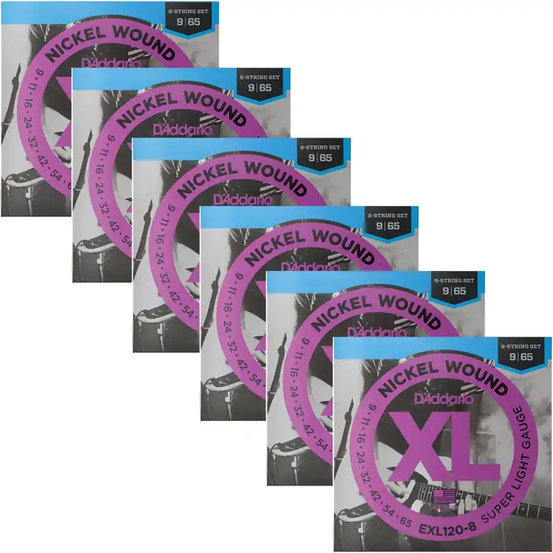 Bulk Order 6-Pack of D'Addario EXL120-8 Nickel Wound 8-String Super Light Electric Guitar Strings (9-65)