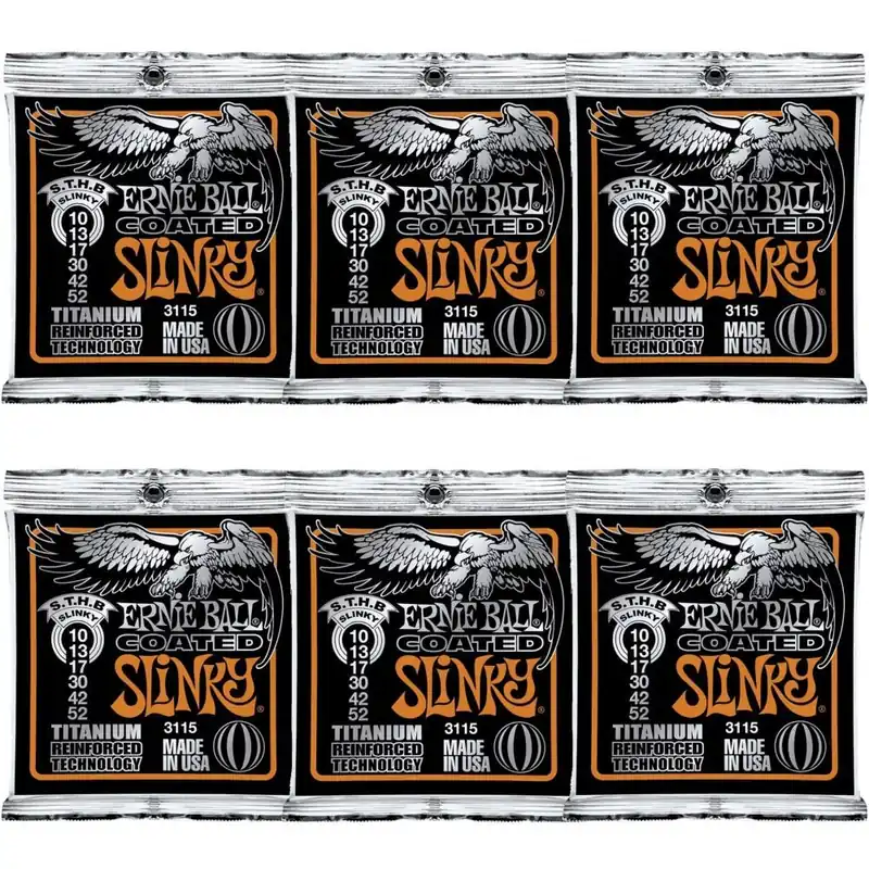 Order Now 6-Pack Ernie Ball 3115 Coated Titanium RPS Skinny Top Heavy Bottom Slinky Electric Guitar Strings (10-52)
