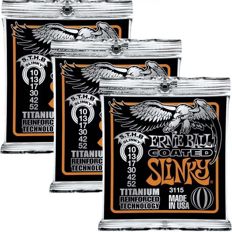 Best Choice 3-Pack Ernie Ball 3115 Coated Titanium RPS Skinny Top Heavy Bottom Slinky Electric Guitar Strings (10-52)
