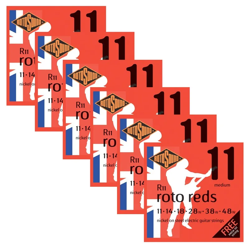 6 Sets of Rotosound R11 Roto Reds Medium Electric Guitar Strings (11-48) Reduced Price