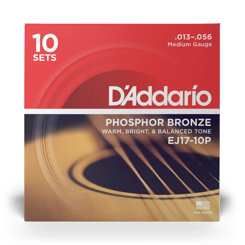 10 Sets of D'Addario EJ17 Medium Acoustic Guitar Strings (13-56) Best Choice