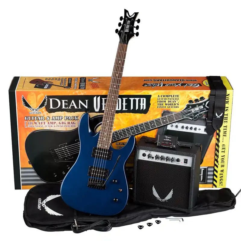 Price Cut Dean Guitars VNXMT MBL PK Solid Body Electric Guitar Pack in Metallic Blue (Includes Amp, Tuner, & More)