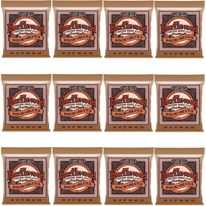 Handmade 12-Pack Ernie Ball 2151 Earthwood Phosphor Bronze Alloy Rock and Blues Acoustic Guitar Strings (10-52)