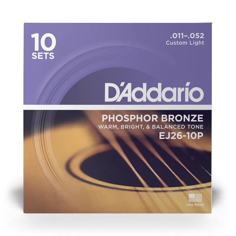 Budget D'Addario EJ26 Phosphor Bronze Custom Light Acoustic Guitar Strings 10-Sets (11-52)
