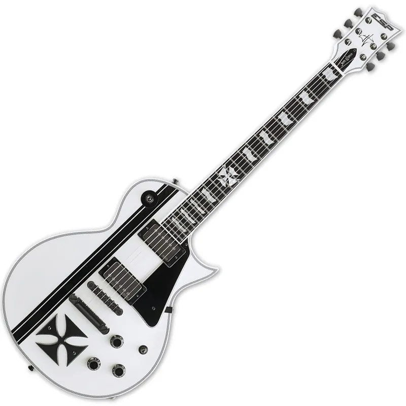 ESP Iron Cross James Hetfield Signature Electric Guitar, EMG Pickups, Hard Case - Snow White with Stripes Trusted Brand