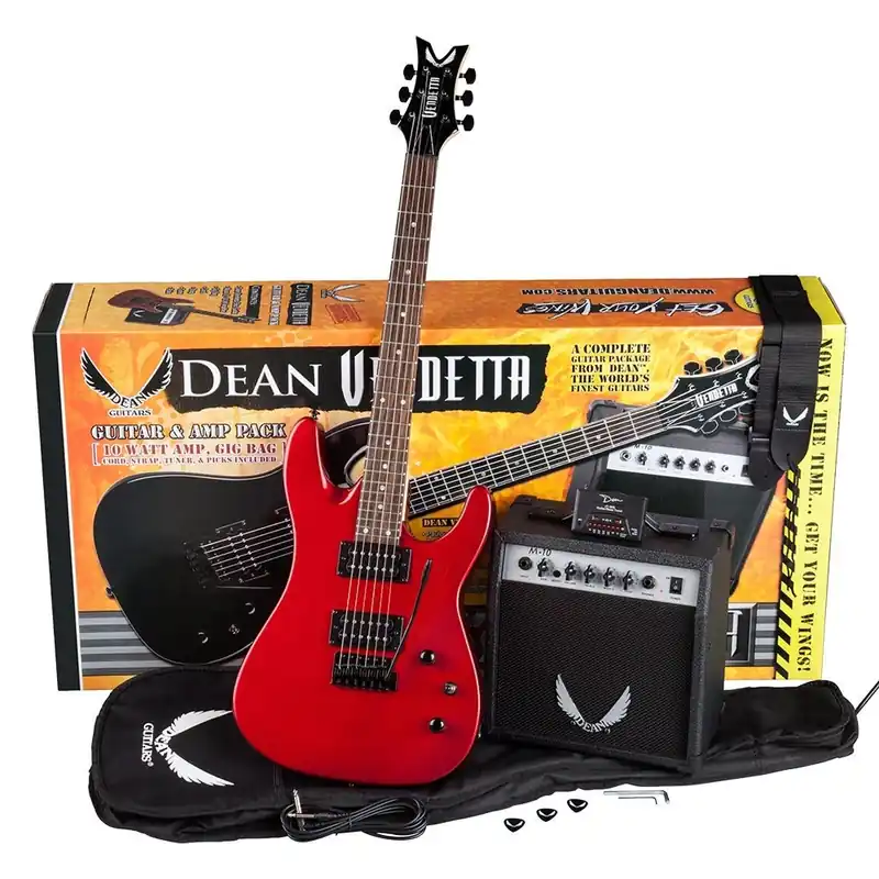 Dean Guitars Vendetta XM Tremolo Pack with Amp, Electronic Tuner, Strap, Cable, Picks, and Gig Bag (Metallic Red) Hot Deal