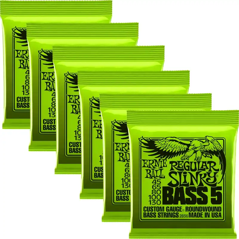 Viral 6-Pack Ernie Ball 2836 Regular Slinky 5-String Nickel Wound Electric Bass Strings (45-130)