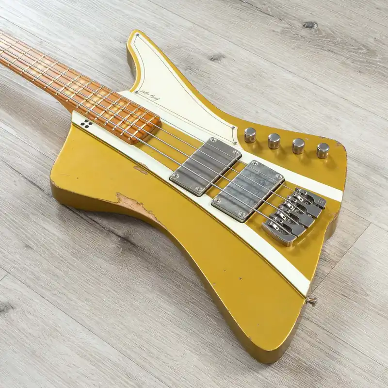 Shop Now Sandberg Forty Eight Bass, Roasted Maple Fretboard, Hardcore Aged Gold with Creme Stripes